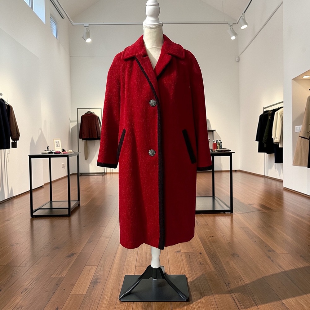 Vintage Made in Austria Red Long Coat‎ Contrast Trim Size Large
